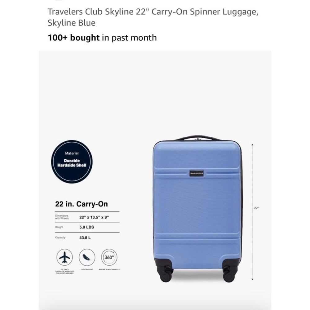 Travelers Club Skyline 22" Carry-On Hardside Luggage - Baby Blue travel bag - Picture 6 of 16